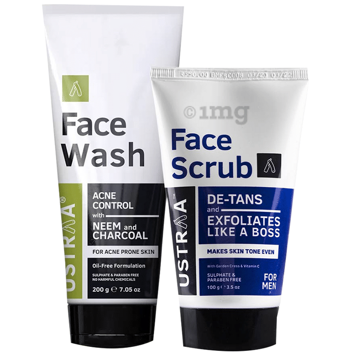 Ustraa Combo Pack of Face Wash Neem & Charcoal 200gm & De-Tans Face Scrub 100gm