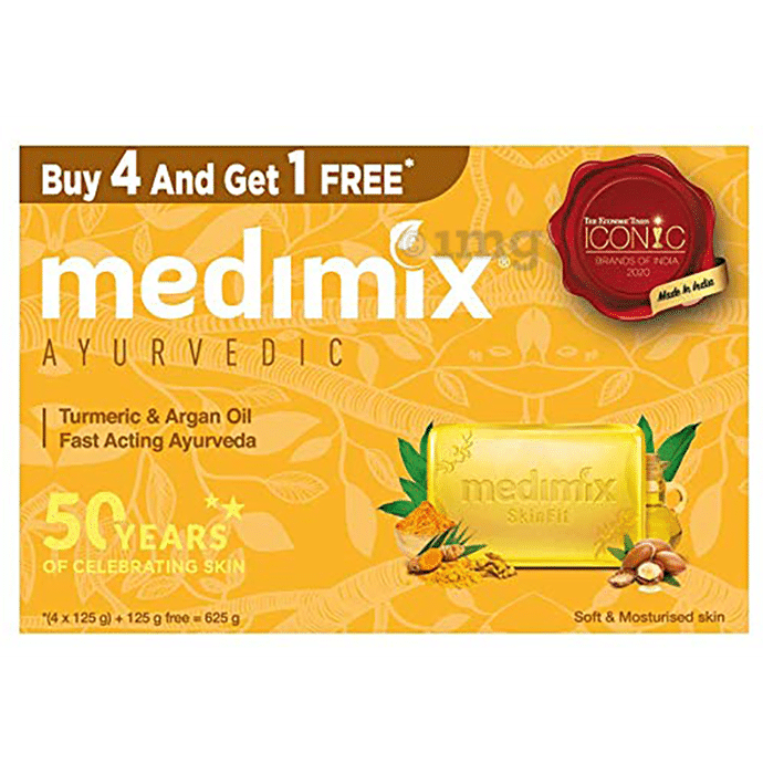 Medimix Ayurvedic Soap (125gm Each) Turmeric & Argan Oil Buy 4 Get 1 Free