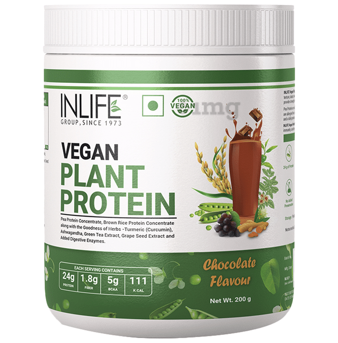 Inlife Vegan Plant Protein with Turmeric, Ashwagandha, Green Tea Extract, Grape Seed Extract & Added Digestive Enzymes for Strength, Muscle Mass, Nutrient Absorption & Nutrition Chocolate