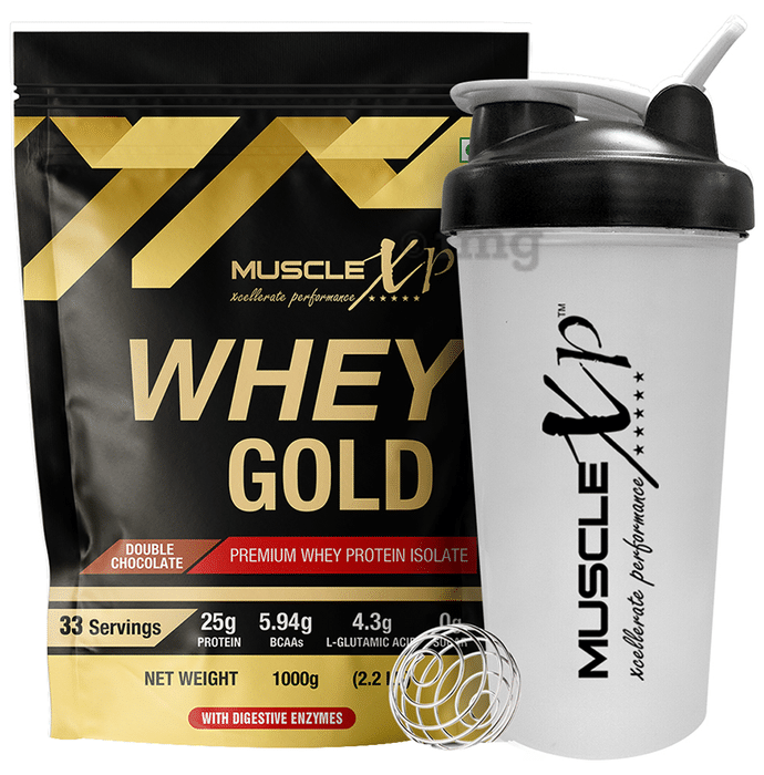 MuscleXP Whey Gold Premium Whey Protein Isolate with Digestive Enzymes Double Chocolate with Shaker