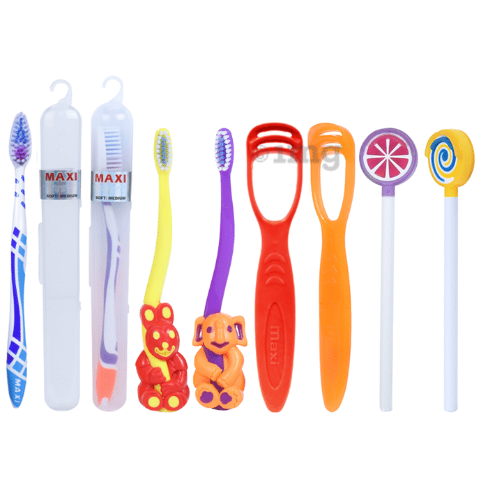 Maxi Oral Care Family Pack of 2 Bingo Junior Toothbrush, 2 Adult For You Toothbrush, 2 Tongue Cleaner 1 Number and 2 Lollipop Tongue Cleaner