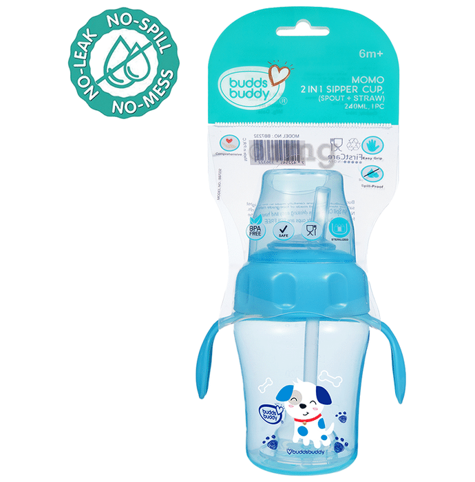 Buddsbuddy BPA Free Anti Spill Design Momo 2 in 1 Baby Sipper (Spout + Straw) Cup Blue