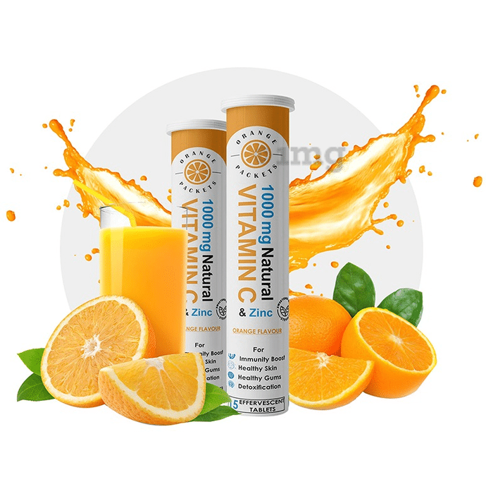 Orange Packets 1000mg Natural Vitamin C & Zinc | Effervescent Tablet for Skin, Gums, Detoxification & Immunity | Flavour Orange