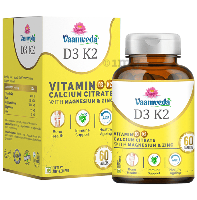 Vaamveda Calcium, Vitamin D3, K2,  Magnesium & Zinc Tablet for Men (60 Each) | For Bone Health & Immunity