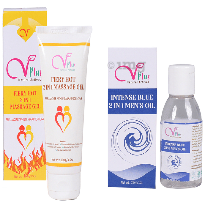Vigini VPlus Natural Actives Combo Pack of Fiery Hot 2 in 1 Massage Gel 100gm & Intense Blue 2 in 1 Men's Oil 25ml