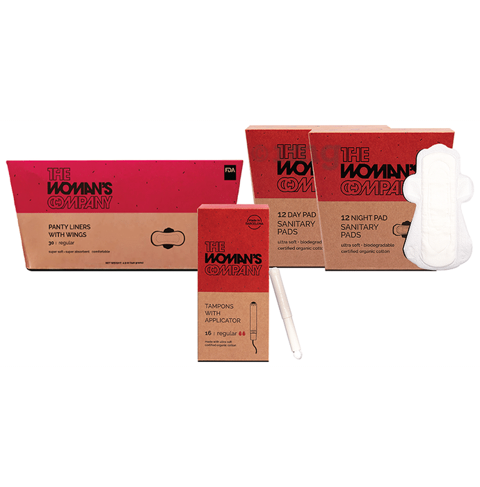The Woman's Company Combo Pack of Day & Night Pads 12, Tampon with Applicator 16 and 30 Panty Liner Regular