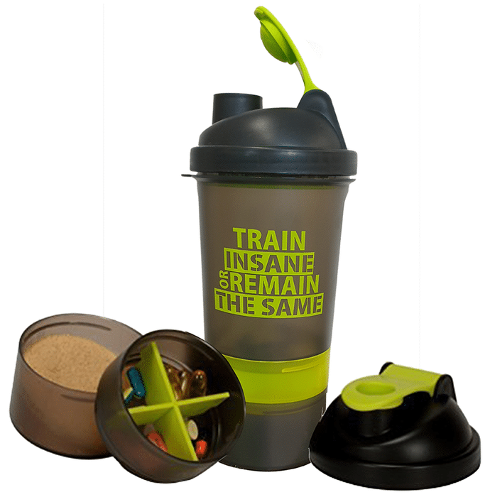 GHC Herbals Green 3 Compartment Shaker Bottle with 250ml Extra Storage
