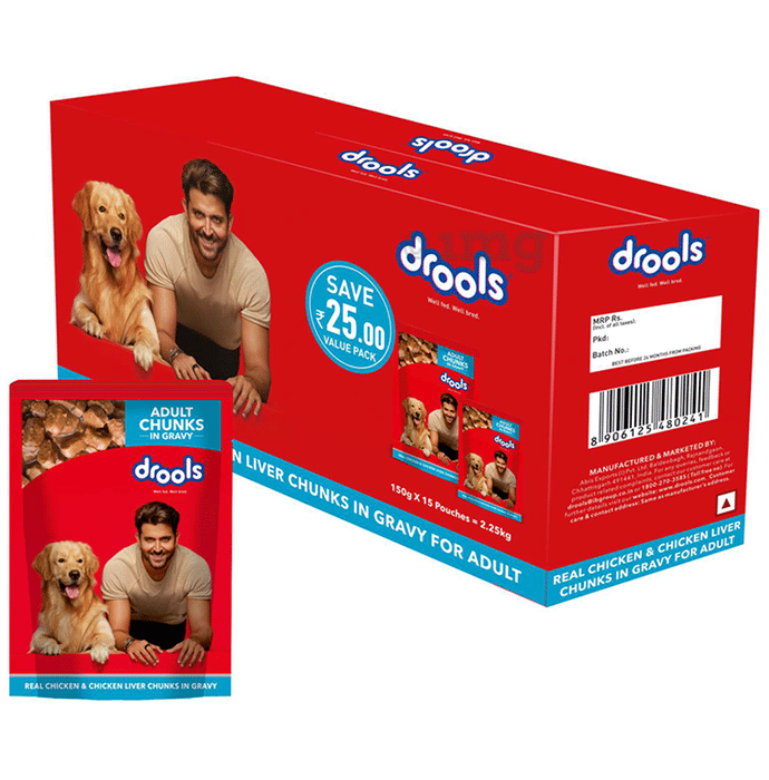 Drools Adult Wet Dog Food, Real Chicken & Chicken Liver Chunks in Gravy