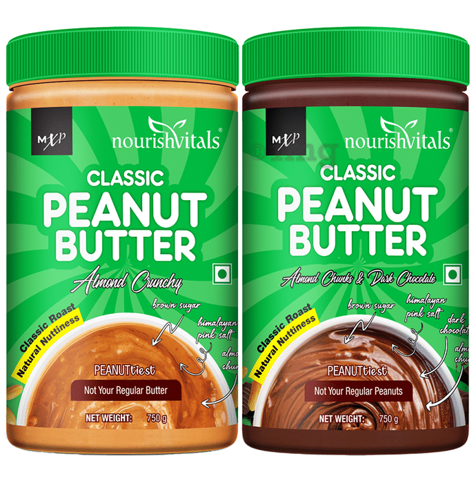 NourishVitals Combo Pack of Classic Peanut Butter (750gm Each) Almond Crunchy and Almond Chunks & Dark Chocolate