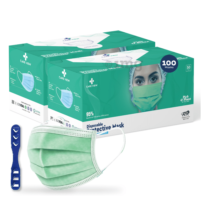 Care View 3 Ply Disposable Surgical Mask with Built In Metal Nose Pin and 1 Melt Blown Layer (50 Each) Green
