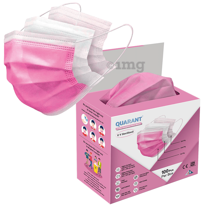 Quarant 3 Ply Disposable Surgical Face Mask with Adjustable Nose Pin, UV Sterilized (100 Each) Pink