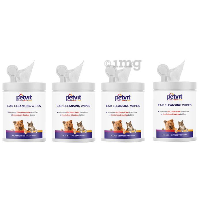 Petvit Ear Cleansing Wipes, Paw Wipes, Sanitizing & Grooming Wipes and Eye Tear Stain Remover Wipes (50 Each)