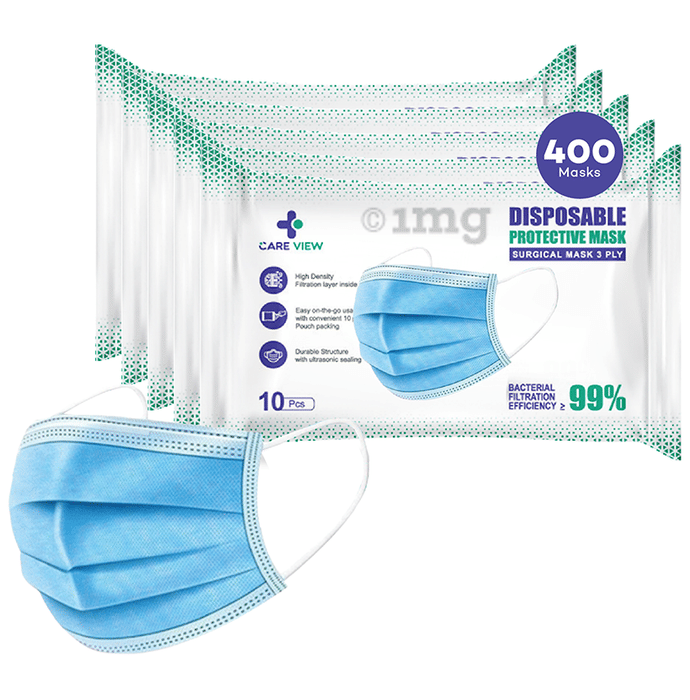 Care View 3 Ply Surgical Disposable Protective Mask (10 Each) Blue