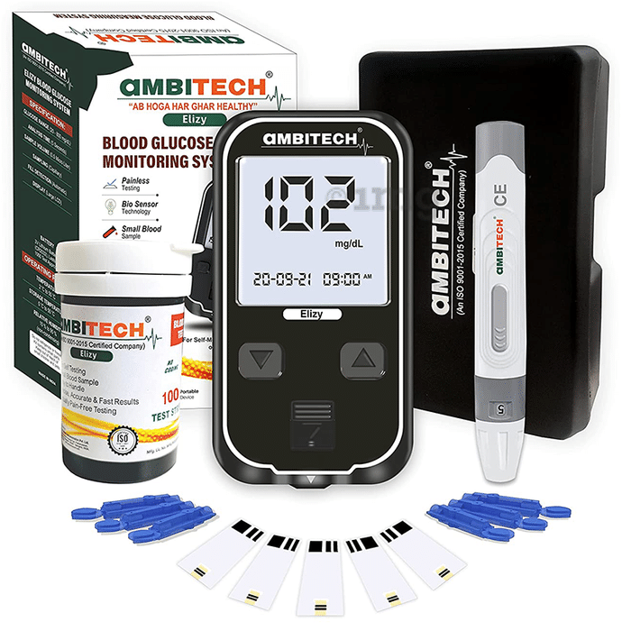 Ambitech Elizy Blood Glucometer Kit with 100 Strips & 100 Lancets