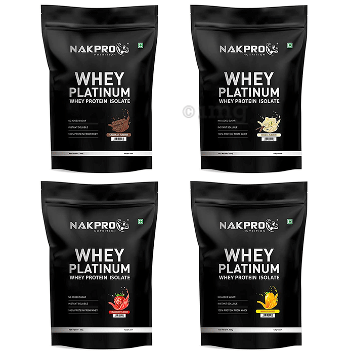 Nakpro Nutrition Whey Platinum Whey Protein Isolate (500gm Each) Chocolate, Mango, Strawberry & Vanilla