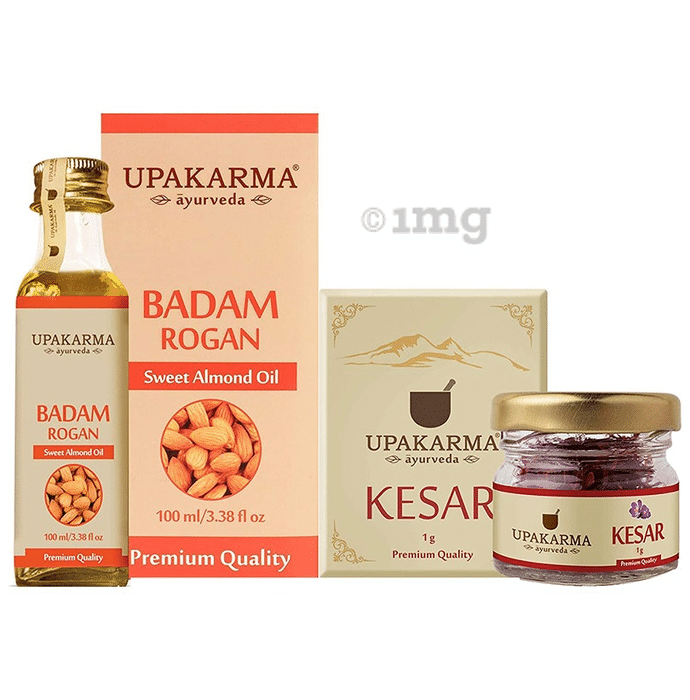 Upakarma Ayurveda Combo Pack of Badam Rogan Sweet Almond Oil 100ml & Kesar 1gm