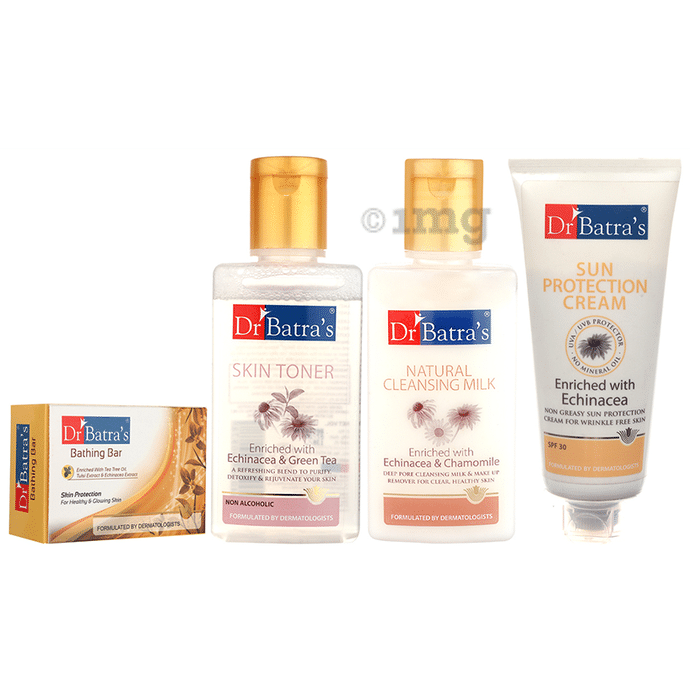 Dr Batra's Combo Pack of Bathing Bar Skin Protection 125gm, Skin Toner 100ml, Natural Cleansing Milk 100ml and Sun Protection Cream 100gm
