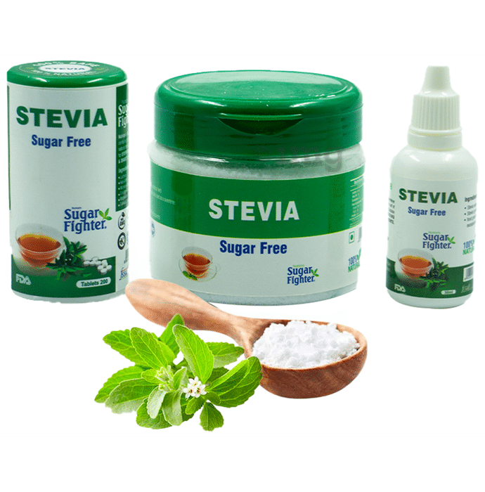 Sugar Fighter Combo Pack of Stevia Sugar Free 200 Tablet, Stevia Sugar Free Powder 100gm and Stevia Sugar Free Liquid 30ml