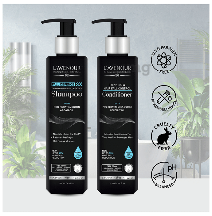 L'avenour Combo Pack of Fall Defence 3X Shampoo and Thinning & Hair Fall Control Conditioner (200ml Each)