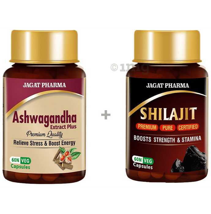 Jagat Pharma Combo Pack of Ashwagandha Extract Plus Veg Capsule & Shilajit Veg Capsule (60 Each)