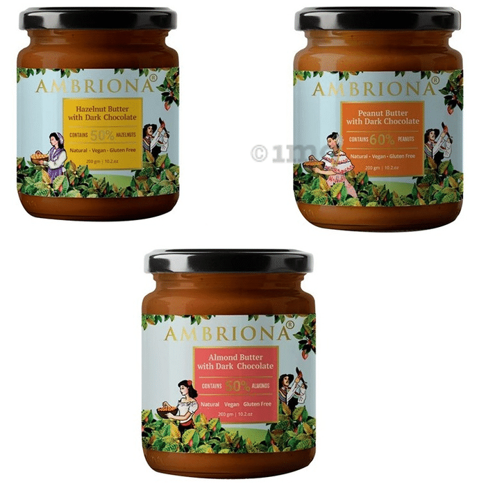 Ambriona Combo Pack of Hazelnut Butter with Dark Chocolate, Peanut Butter with Dark Chocolate and Almond Butter with Dark Chocolate (200gm Each)