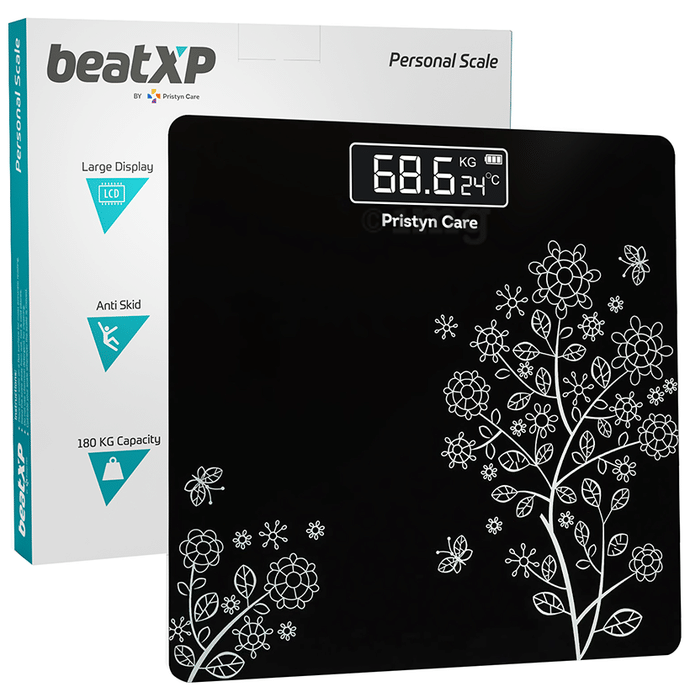 beatXP Thick Tempered Glass Electronic LCD Personal Health Body Fitness Digital Bathroom Scales Floral Black