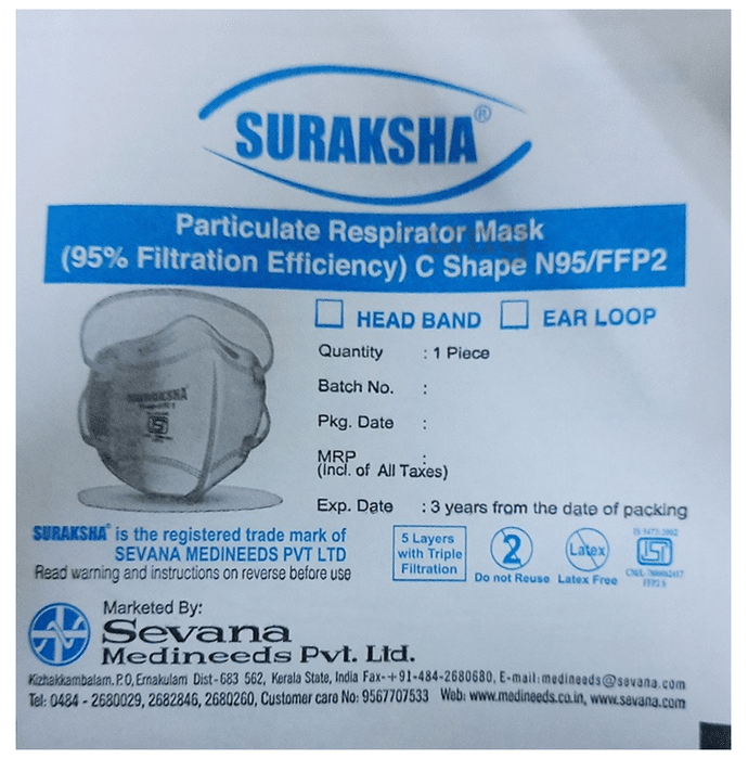 Suraksha N95/FFP2 C Shape Particulate Respirator Mask Ear Loop
