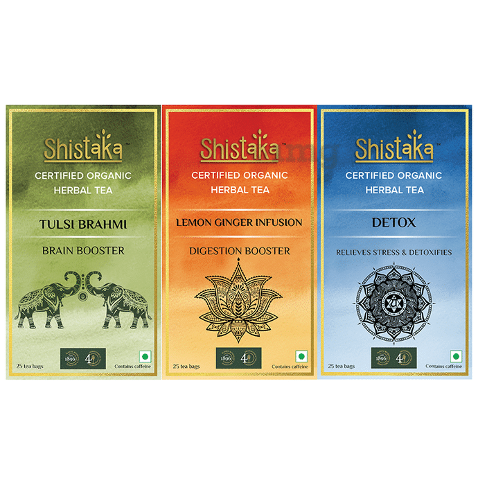Shistaka Combo Pack of Certified Organic Herbal Tea (1.8gm Each) Tulsi Brahmi, Lemon Ginger Infusion & Detox