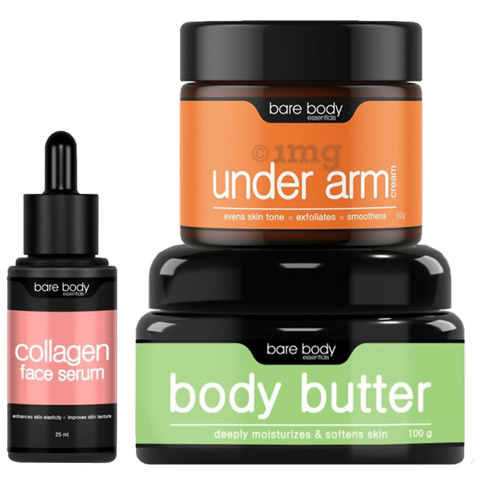 Bare Body Essentials Love Yourself Combo of Collagen Face Serum 25ml, Under Arm Cream 50gm and Body Butter Cream 100gm