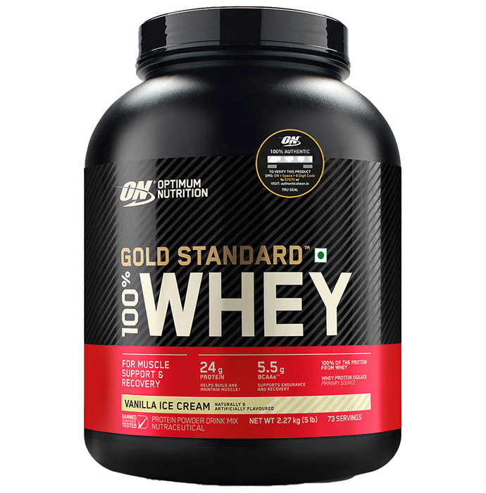Optimum Nutrition (ON) Gold Standard 100% Whey Protein | For Muscle Recovery | No Added Sugar | Flavour Powder Vanilla Icecream
