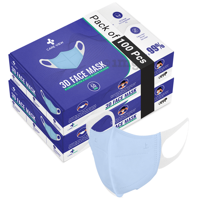 Care View 3 Dimensional Disposable Face Mask with 4 Layered Filtration and Soft Non-Woven Spandex Ear Loops Blue