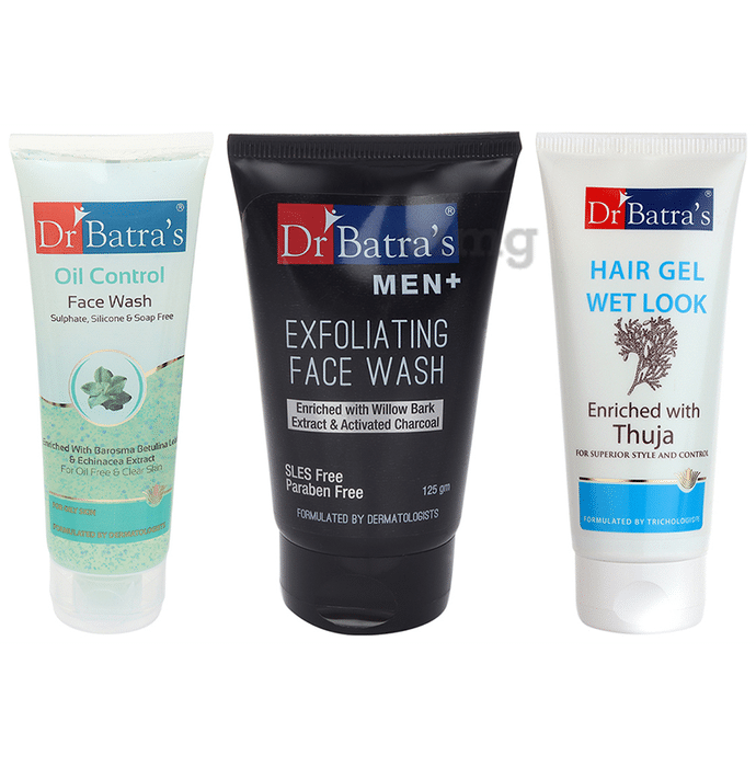 Dr Batra's Combo Pack of Oil Control Face Wash 100gm, Men+ Exfoliating Face Wash 125gm and Hair Gel Wet Look 100gm