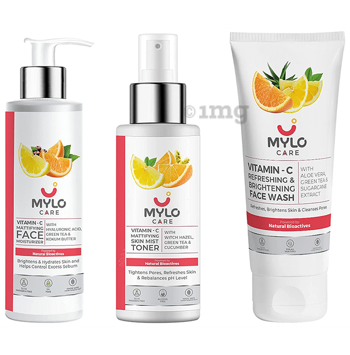 Mylo Combo Pack of Vitamin C Mattifying Face Moisturizer 100gm, Vitamin C Mattifying SKin Toner 200ml and Vitamin C Refrehing & Brightening Face Wash 100ml