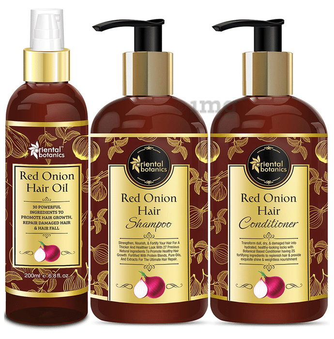 Oriental Botanics Combo Pack of Red Onion Hair Oil 200ml, Red Onion Hair Shampoo and Red Onion Hair Conditioner (300ml Each)