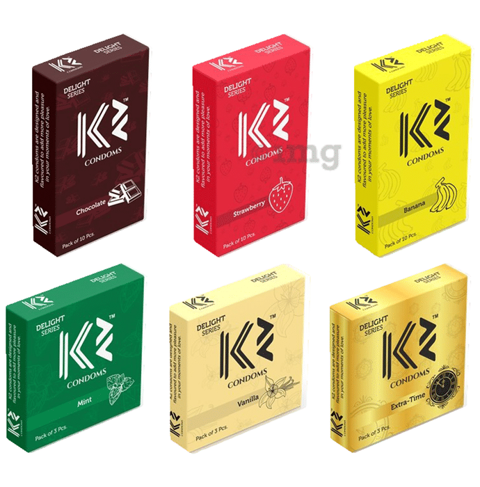 K2 Combo Pack of Dotted Condom Chocolate,Strawberry,Banana(10Pc Each) Mint,Vanilla,Extra Time(3pc Each)