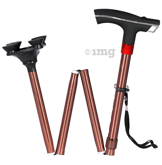 MCP Smart Folding Height Adjustable Walking Stick with LED Torch Light and SOS Alarm 4 Leg Brown