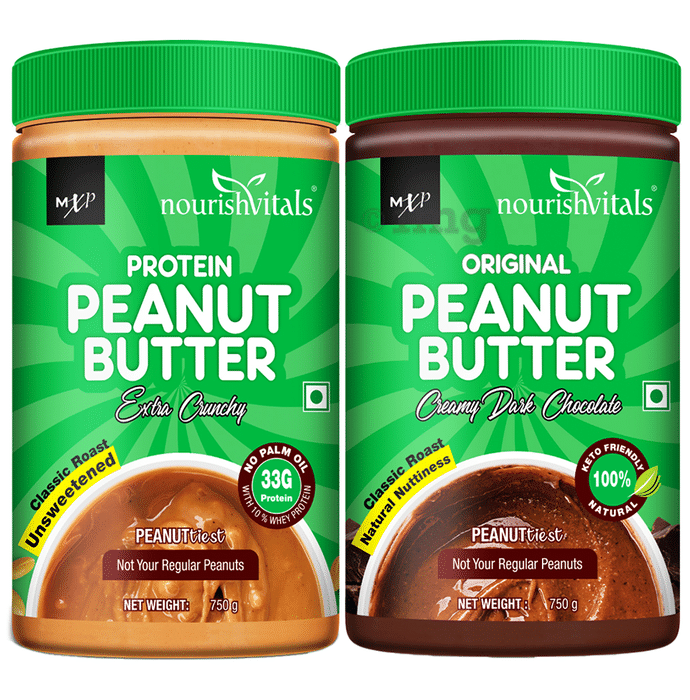 NourishVitals Combo Pack of Protein Peanut Butter Extra Crunchy and Original Peanut Butter Creamy Dark Chocolate (750gm Each)