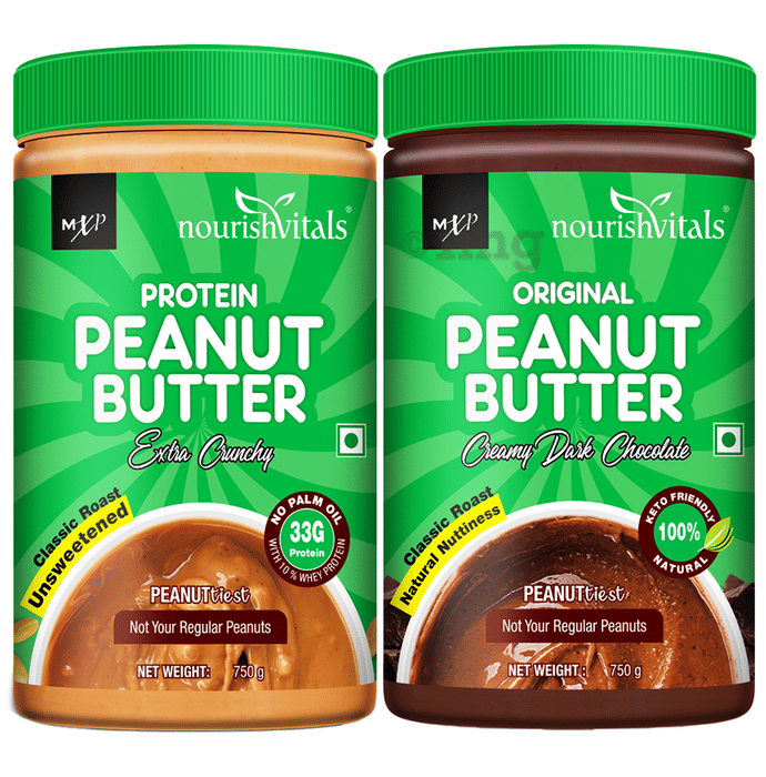 NourishVitals Combo Pack of Protein Peanut Butter Extra Crunchy and Original Peanut Butter Creamy Dark Chocolate (750gm Each)