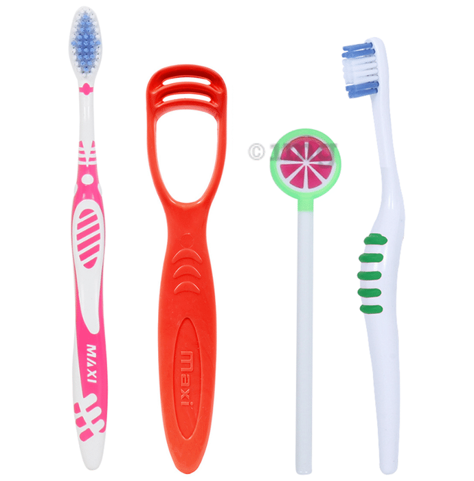 Maxi Oral Care Combo Pack of  1 Adult Sensitive+ Toothbrush, 1 Number Tongue Cleaner, Milky White Baby Toothbrush and Tongue Cleaner