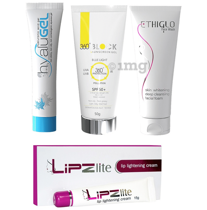Ethicare Remedies Day Skincare Routine Kit (Ethiglo Face Wash 70ml, Hyalugel 30gm, 360Â° Block Sunscreen Gel SPF 50+ 50gm and Lipzlite Lightening Cream 15gm)