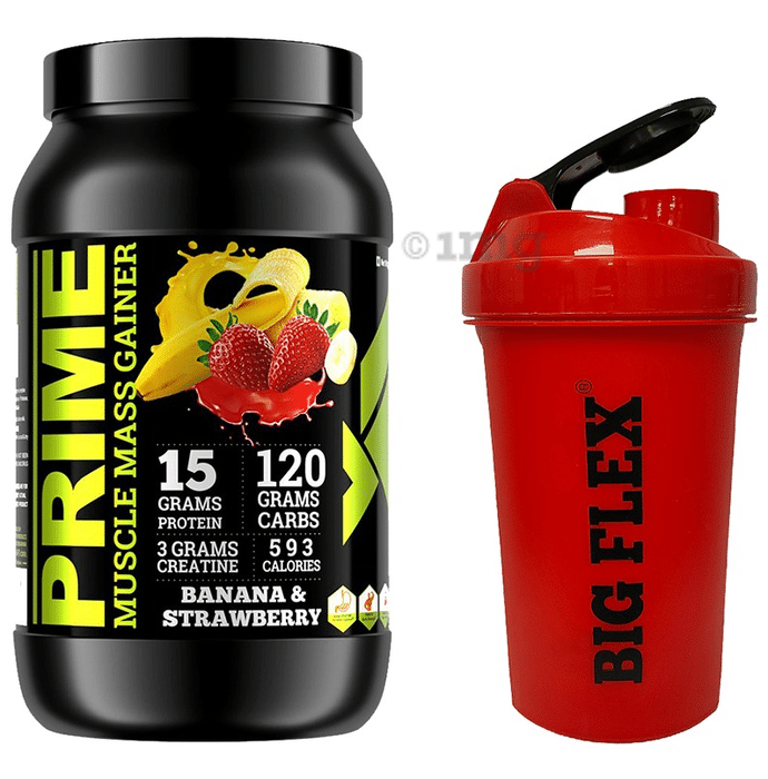 Big Flex Prime Muscle Mass Gainer with 700ml Shaker Free Banana Strawberry