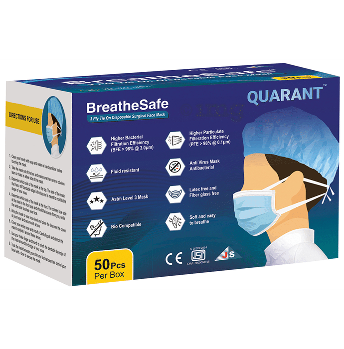 Quarant Breathe Safe 3 Ply Tie On Disposable Surgical Face Mask Blue