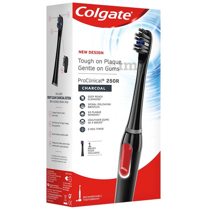 Colgate Proclinical 250R Rechargeable Sonic Electric Toothbrush with Replaceable Brush Head Included Charcoal