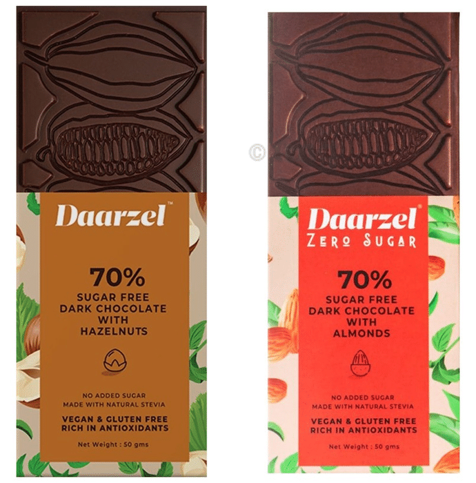 Daarzel Combo Pack of 70% Sugar Free Dark Chocolate with Hazelnuts and 70% Sugar Free Dark Chocolate with Almonds (50gm Each)