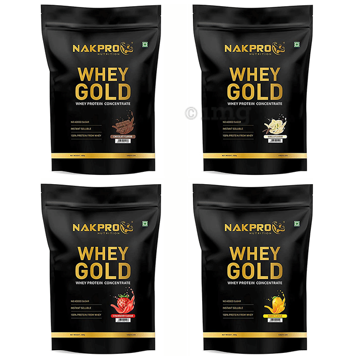 Nakpro Nutrition Whey Gold Whey Active Concentrate Powder (500gm Each) Chocolate, Mango, Strawberry & Vanilla