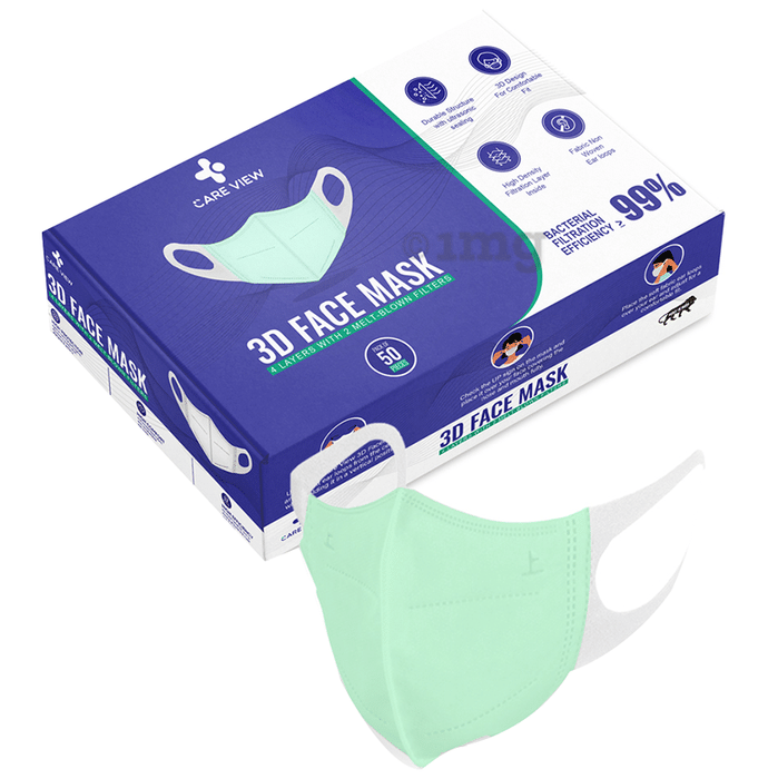 Care View 3 Dimensional Disposable Face Mask with 4 Layered Filtration and Soft Non-Woven Spandex Ear Loops Green Box