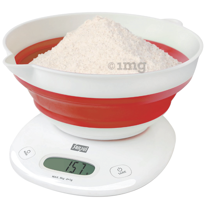 Sansui Digital Kitchen Scale with Large Foldable Bowl White & Red
