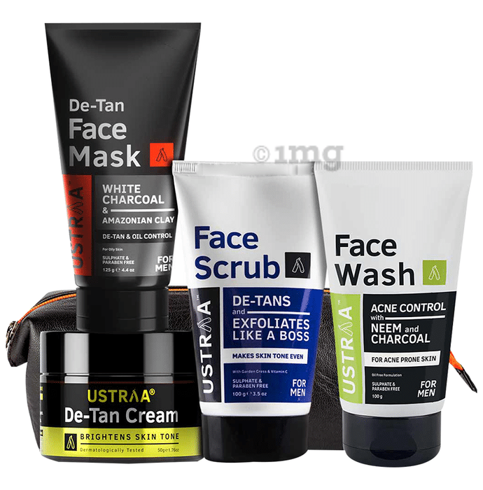 Ustraa Tough Men's Face Kit (Face Scrub 100gm, Face Wash 100gm, De-Tan Face Mask 125gm & De-Tan Face Cream 50gm)