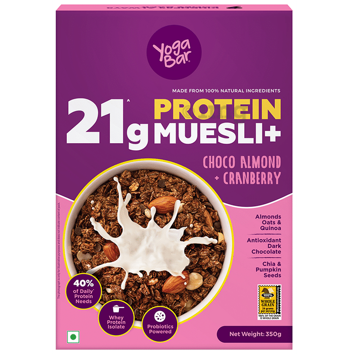 Yoga Bar 21g Protein Muesli+ | With Whey Protein & Probiotics | Choco Almond+Cranberry