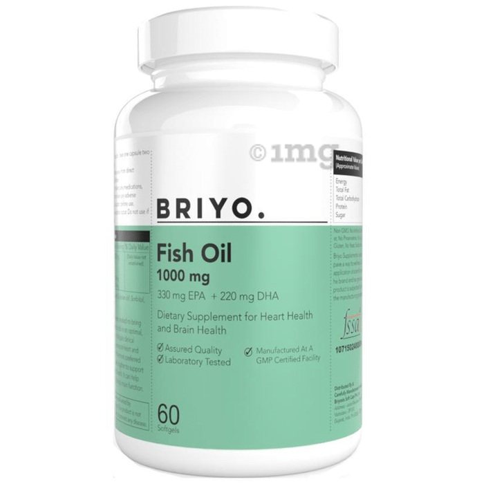 Briyo Fish Oil 1000mg (550mg Omega-3) - High EPA (330mg) & DHA (220mg) - Supports Heart and Brain Health Soft Gelatin Capsule